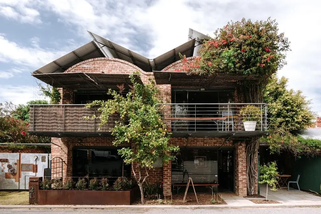 The George & Ivy East Fremantle shopfront: a two storey red brick building with arched roofline, a first floor balcony, a flowering bougainvillea over one corner and a fruit tree by the front door